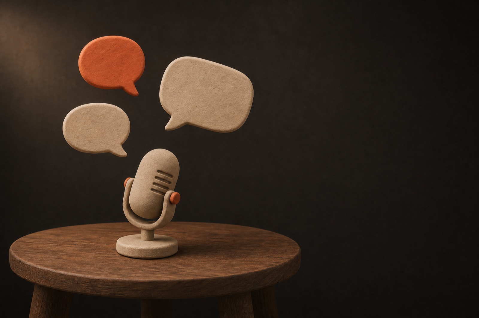Microfone de mesa e três balões de fala, um deles terracota